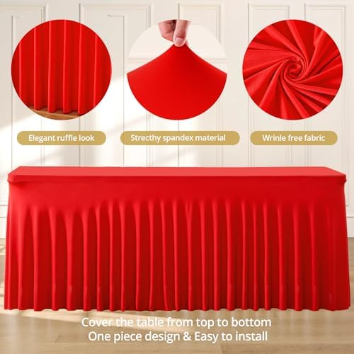 Red Spandex Tablecloths for Rectangle Tables 6 Foot Red Stretch Table Cloth Rectangle 6ft Elastic Fitted Table Cover Fabric with Skirt for Wedding Baby Shower Graduation Birthday Party Banquet Buffet - Image 6