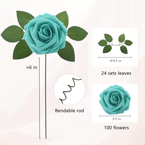 100PCS Dark Turquoise Artificial Flowers Realistic Roses, Real Looking Fake Roses with Stem for DIY Wedding Bouquets Centerpieces Bridal Shower Party Home Romantic Decorations (Dark Turquoise, 100pcs) - Image 2