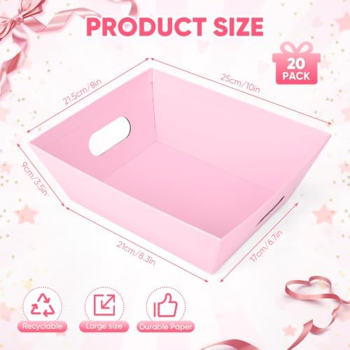 AFOROEOA 20PACK Pink Baskets For Gifts Empty, 10 x 8” Thick Paper Basket with 20 Clear Bags and 20 Pink Bows, Empty Gift Baskets for Baby Shower Valentine Bridal Birthday Party Bulk Wrapping - Image 2