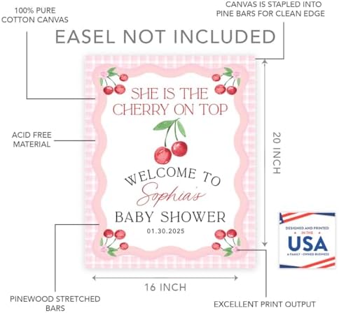 Andaz Press Personalized She's The Cherry on Top Baby Shower Decorations, Custom Pink Gingham Cherry Themed Party Decorations Baby Shower Welcome Sign Decor, 16x20 Inch - Image 2