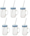 Sunshine Mason Co. Glass Mason Jar Drinking Mug set with handle, Blue Gingham lids and White Straws, Set of 6 by Sunshine+Mason+Co.