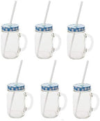 Sunshine Mason Co. Glass Mason Jar Drinking Mug set with handle, Blue Gingham lids and White Straws, Set of 6 by Sunshine+Mason+Co.