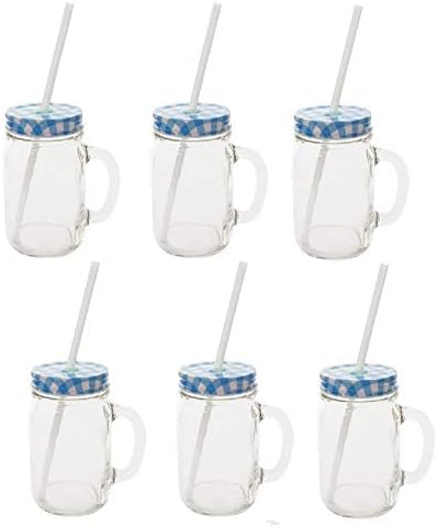 Sunshine Mason Co. Glass Mason Jar Drinking Mug set with handle, Blue Gingham lids and White Straws, Set of 6 by Sunshine+Mason+Co.