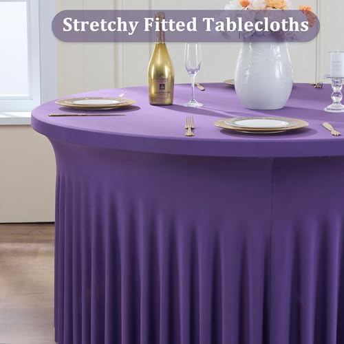 6 Pack Purple Spandex Round Tablecloths for 60 inch Table, Wrinkle Free Stretchy 120inch Fitted 5FT Round Table Cover Cloths with Skirt for Wedding Party Dining Banquet - Image 2