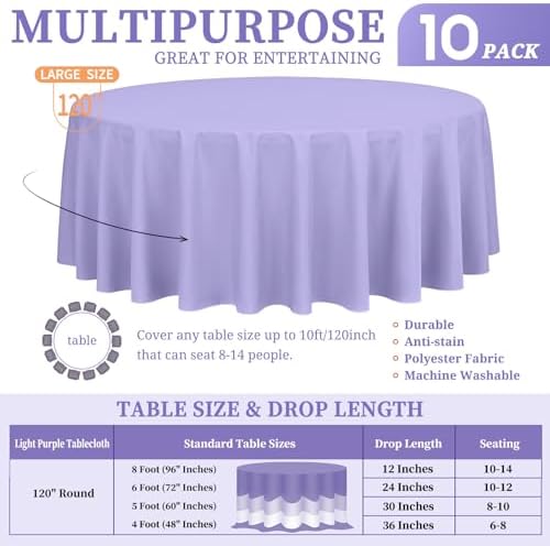 Showgeous 120 Inch Lavender Round Tablecloths, Polyester Table Covers - Image 2