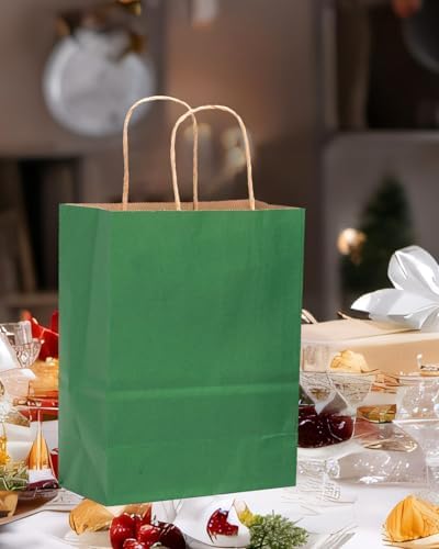 qiqee 100PCS Gift Bag with Handles Bulk Kraft Deep Green Paper Bags Multiple Uses (13''x5 x10 inch Large Size) - Image 6