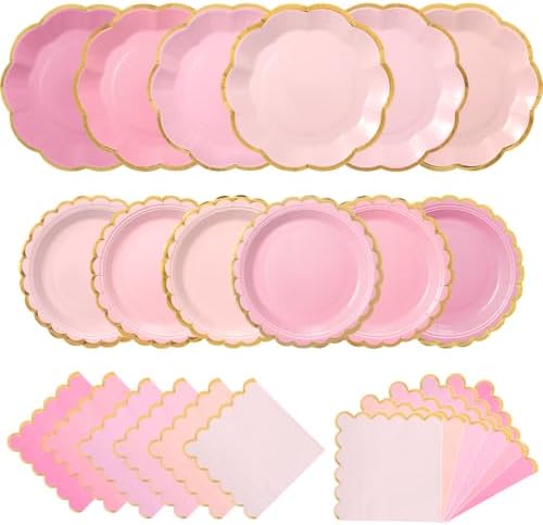 144 Pcs 48 Guests Gradient Pink Paper Plates and Napkins Party Supplies by Skybooly