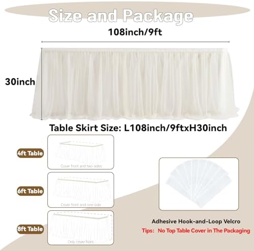 108in Ivory Tulle Table Skirts for Rectangle Tables 6/8/4ft, 2 Layer Gold Grim Ruffle Cream Tulle Tutu Table Skirt 9ft Decor Wedding Birthday Party Baby Shower Cake Dessert Tables(No Table Cover) - Image 4