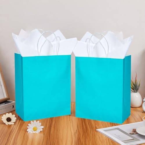 DjinnGlory 50 Pack Medium Size Teal Blue Paper Gift Bags with Handles 10x8x4 Inch and 50 White Tissue Paper for Small Business Wedding Bridal Baby Shower Birthday Party Favors Goodies - Image 5