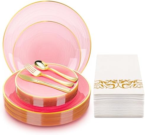 N9R 180PCS Pink and Gold Plastic Plates Disposable, Fancy Dinnerware Set by N9RTABLEWARE