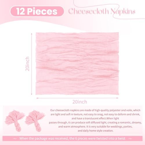 12 Pack Pink Cloth Napkins 20x20 Inch Cheesecloth Napkins Rustic Boho Gauze Dinner Napkin Cloth Washable Elegant Table Napkins for Wedding Party Bridal Baby Shower Table Decor - Image 2