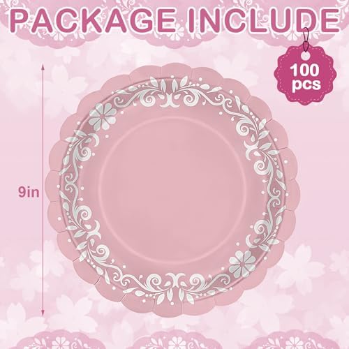 100 Pcs Pink Platos De Barro Mexicanos Paper Plates 9 Inches Cielito Lindo Party Decoration Disposable Scalloped Cinco De Mayo Paper Plates for Fiesta Mexican Talavera Baby Shower Supplies - Image 2