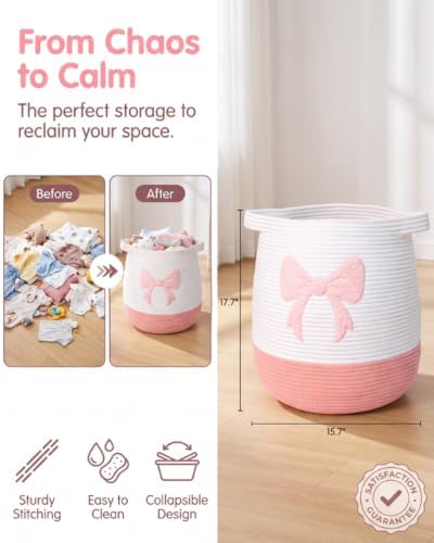 Large Cotton Rope Storage Basket with Pink Bow (17.7"x15.7", 55L), Collapsible Laundry Hamper for Baby Girl Nursery, Woven Toy Organizer with Handles, Blanket Basket for Bedroom, Bathroom, Playroom - Image 6