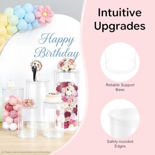 YuEany Cylinder Pedestal Stands, White Round Display Plinth Pillars for Wedding Party Decor, Acrylic Cake Stands for Dessert Table, Art Display Risers for Birthday Baby Shower (5) - Image 2