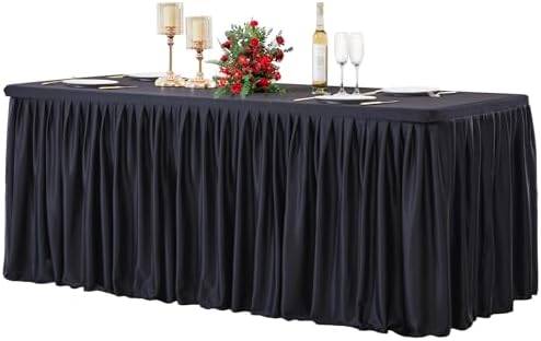 Wish Care Black Polyester Table Clothes for 8 Foot Rectangle Tables, Wrinkle Free Fitted Table Cover with Pleated Ruffle Table Skirt for Birthday Party Wedding Trade Show Event Display by WishCare