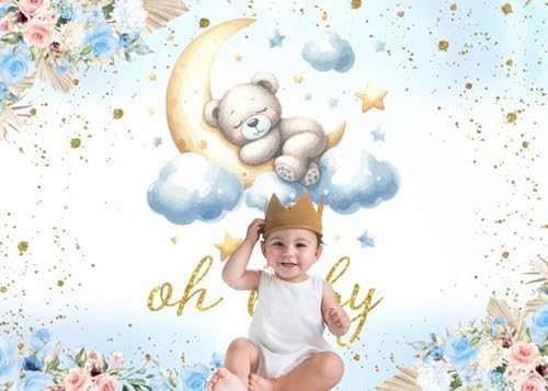 15x10FT Baby Shower Backdrop Oh Baby Sign Blue Bear Moon Star Cloud Background for Boys Girls Kids Gender Reveal Party Decorations Family Photo Booth Props - Image 2