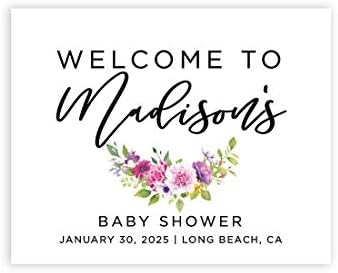Andaz Press Personalized Large Canvas Baby Shower Welcome Sign, 16 x 20 Inches, Fuchsia Purple Florals, Guestbook Alternative, Custom Baby Shower Sign, for Floral Baby Shower, Baby Sprinkle Theme by AndazPress
