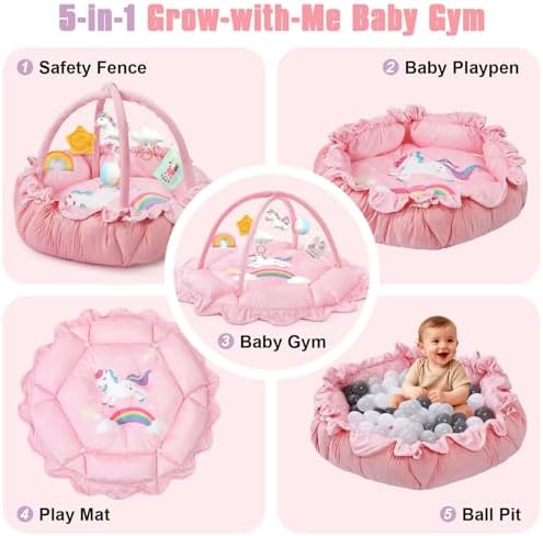 5-in-1 Baby Gym Play Mat with Cartoon Pattern, Extra Thick Plush Tummy Time Activity Gym with Hanging Toys, Sensory Development & Motor Skills Training Floor Mat, Unicorn - Image 2