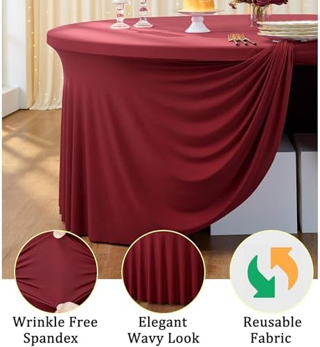 6 Pack Burgundy Spandex Round Tablecloths for 60 inch Table, Stretchy 120inch Fitted 5FT Round Table Cloths, Wrinkle Free Maroon Table Cover with Skirt for Wedding Party Dining Banquet - Image 3