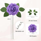100PCS Dark purple Artificial Flowers Realistic Roses, Real Looking Fake Roses with Stem for DIY Wedding Bouquets Centerpieces Bridal Shower Party Home Romantic Decorations (Dark purple, 100pcs) - Image 2