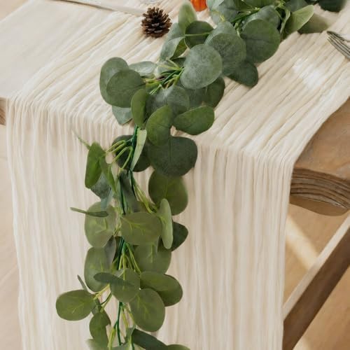 Leinuosen 8 Set 10 Ft Ivory Cheesecloth Table Runner Wedding Decor with 6 Ft Eucalyptus Garland, Boho Gauze Table Centerpiece Runner for Wedding Baby Shower Birthday Party Decoration by Leinuosen