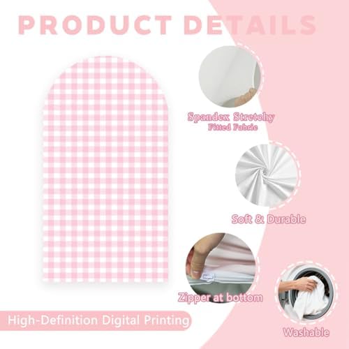 Checkered Gingham Arch Backdrop Cover 6.6ft Pastel Pink and White Classic Plaid Pattern Girl Bridal Baby Shower Birthday Party Stretchy Arched Photo Booth Decorations - Image 4