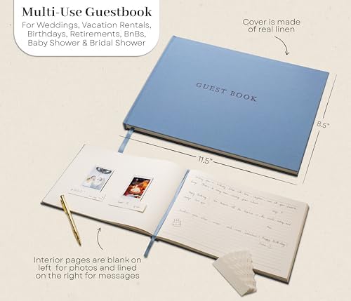 Real Linen Guest Book Set - 11.5 x 8.5 Embossed Guestbook for Weddings, Showers, Events, Blank & Lined, Comes with Sign, Pen, Box and Photo Sleeves, 120 Pages (Light Blue) - Image 5