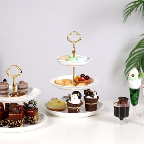 2PCS Cupcake Stand, 3 & 2 Tier Dessert Stands, Round Embossed Dessert Table Display Set White Porcelain Tiered Tray Cake Stand For Weddings,Birthday, Baby Shower And Home Decorating Serving Tray - Image 6