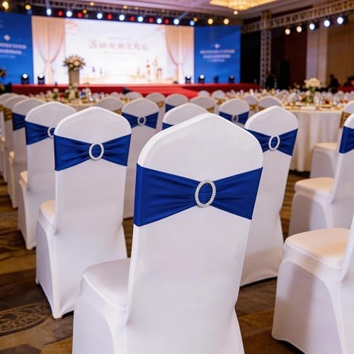 50 PCS Spandex Royal Blue Chair Sashes with Slider Buckles for Wedding Chairs Bows Bands Fitting Party Feast Birthday Banquet Restaurant Event Bridal Baby Shower Decoration - Image 2