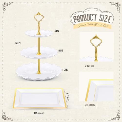 Willinglong 14 Pcs Dessert Table Stands Set 3 Tier Plastic Cupcake Stands Cookie Display Tower Gold Rim Dessert Serving Tray for Party Wedding Birthday Bridal Baby Shower (White and Gold) - Image 2