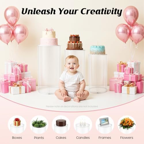 3PCS Clear Cylinder Pedestal Stands for Party Round Pedestal Display Plinth Pillars PVC Dessert Table Display for Wedding Birthday Party Art Decor(3PCS-Cylinder-2) - Image 4