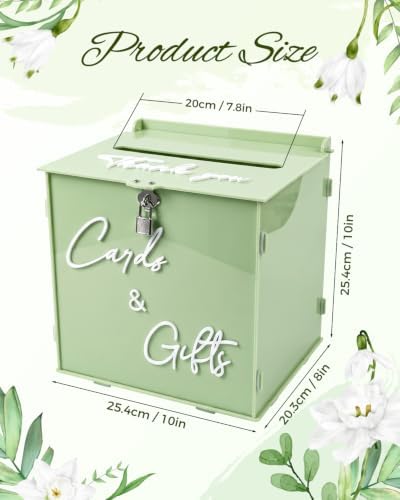 Sage Green Acrylic Wedding Card Box with Lock, 10" Card Holder with Slot - Image 2