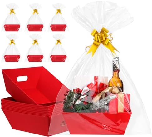 AFOROEOA 10PACK Red Baskets For Gifts Empty, 10x12”Thick Kraft Gift Basket with 10 Bows 10 Bags Empty Gift Baskets for Christmas, Easter, Birthdays, Snacks, Farmers Market by AFOROEOA