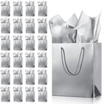 TaoBary 24 Pack Silver Gift Bags with Tissue Paper, 9''x8''x4'' Metallic Paper Bags with Handles, Medium Size for Wedding, Birthday, Baby Shower Party Favors by TaoBary