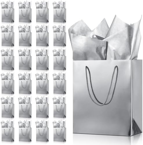 TaoBary 24 Pack Silver Gift Bags with Tissue Paper, 9''x8''x4'' Metallic Paper Bags with Handles, Medium Size for Wedding, Birthday, Baby Shower Party Favors by TaoBary