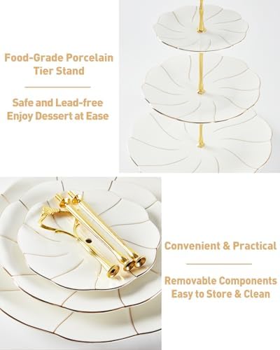 DUJUST Luxury Porcelain 3-Tier Cupcake Stand Tower, British Style Serving Tray with Golden Trim, Food Grade Dessert Display Stand, Beautiful Gift for Tea Party & Home Décor - Image 4
