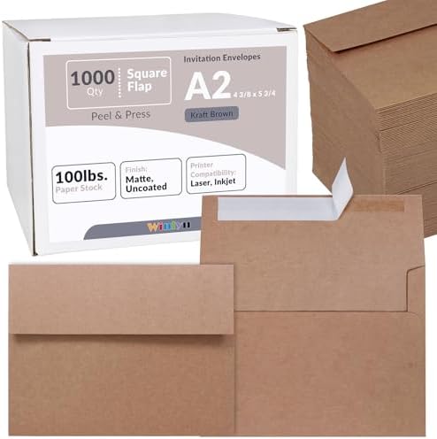 1000 Pcs A2 Invitation Envelopes in Kraft Brown Peel & Press Self Seal 4 3/8 x 5 3/4 Square Flap Envelopes RSVP Return Envelopes 100lb. for Announcement Mailing 4x5 Greeting Cards Photo 1/4 Fold Cards by Winlyn