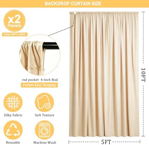 Gallety Warm Ivory Backdrop Curtain for Wedding, Photo Backdrop Curtain for Bridal Shower Decorations - 10 x 10FT Ivory Backdrop Fabric with Rod Pockets for Celebration,Birthday Party,Graduations - Image 2