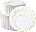 realluck 200PCS White and Gold Plastic Plates, Elegant Disposable Party Plates - 100 Dinner & 100 Dessert Plates, fancy plastic plates for Wedding, Anniversary by Realluck