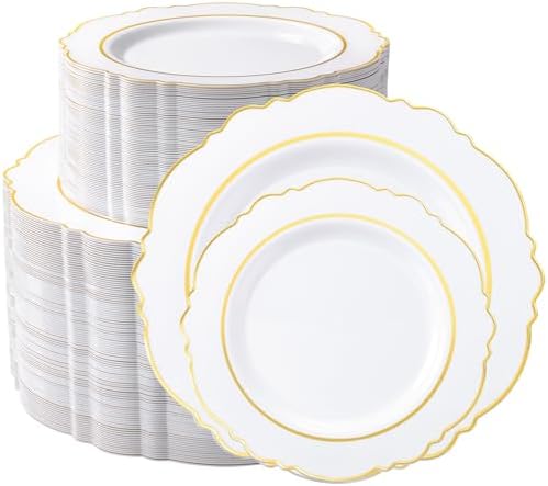 realluck 200PCS White and Gold Plastic Plates, Elegant Disposable Party Plates - 100 Dinner & 100 Dessert Plates, fancy plastic plates for Wedding, Anniversary by Realluck
