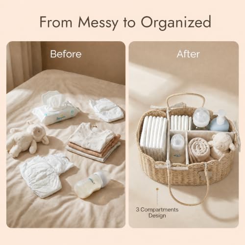 YANGQIHOME Diaper Caddy Organizer, Rattan Baby Basket, Scalloped Diaper Caddy - Image 3