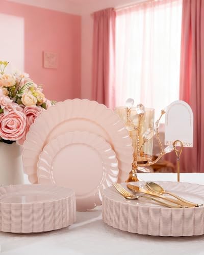YOUBET 100PCS Pink Scalloped Plastic Plates for Wedding Party - Image 5
