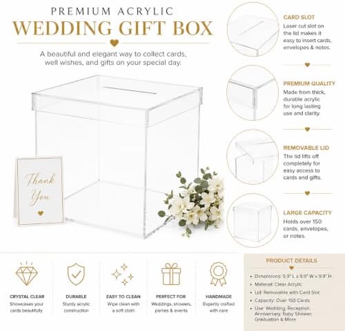 OnDisplay Luxe Acrylic Wedding Card Box with Lid - 10in Reception Money Box - Image 6