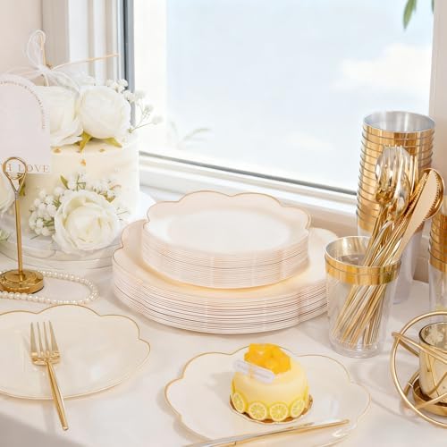 ejonirinjonir 180pcs Elegant Gold Rim Ivory Plastic Plates for Wedding Gala - Image 4
