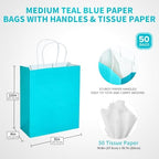 DjinnGlory 50 Pack Medium Size Teal Blue Paper Gift Bags with Handles 10x8x4 Inch and 50 White Tissue Paper for Small Business Wedding Bridal Baby Shower Birthday Party Favors Goodies - Image 3