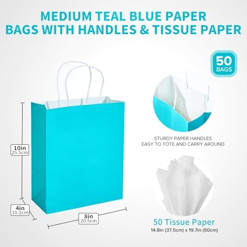 DjinnGlory 50 Pack Medium Size Teal Blue Paper Gift Bags with Handles 10x8x4 Inch and 50 White Tissue Paper for Small Business Wedding Bridal Baby Shower Birthday Party Favors Goodies - Image 3