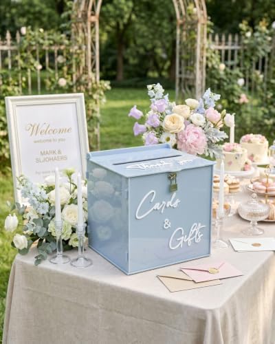 Sky Blue Acrylic Wedding Card Box with Lock, 10" Card Holder with Slot - Image 5