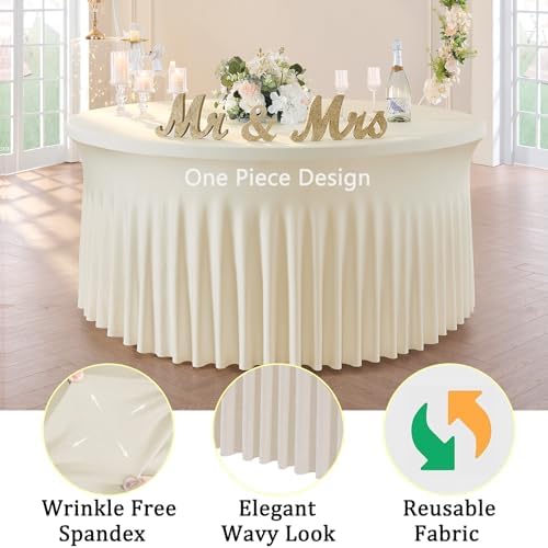 8 Pack Ivory 95% polyester 5% spandex Round Tablecloths for 60 inch Table, Wrinkle Free Stretchy 120inch Fitted 5FT Round Table Cloths Cover with Skirt for Wedding Party Dining Banquet - Image 4