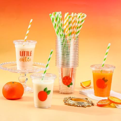 meekoo 100 Set 12 oz Little Cutie Baby Shower Decoration Cups Clear Disposable Orange Party Plastic Cups with Paper Straws and Lids for Birthday Baby Shower Drinkware Party Favors - Image 4