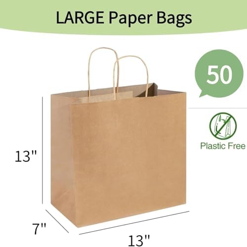 PAICUIKE Large Brown Paper Gift Bags with Handles, 13x7x13 Inch, 50 Pack - Image 2